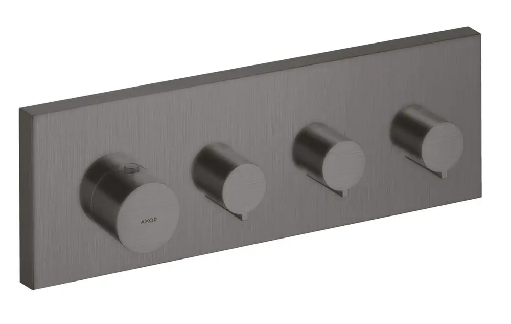 Thermostatmodul mit vier runden Reglern, montiert auf einer rechteckigen Platte. Das Produkt ist in gebürstetem Schwarzchrom ausgeführt und trägt das Logo von AXOR.
